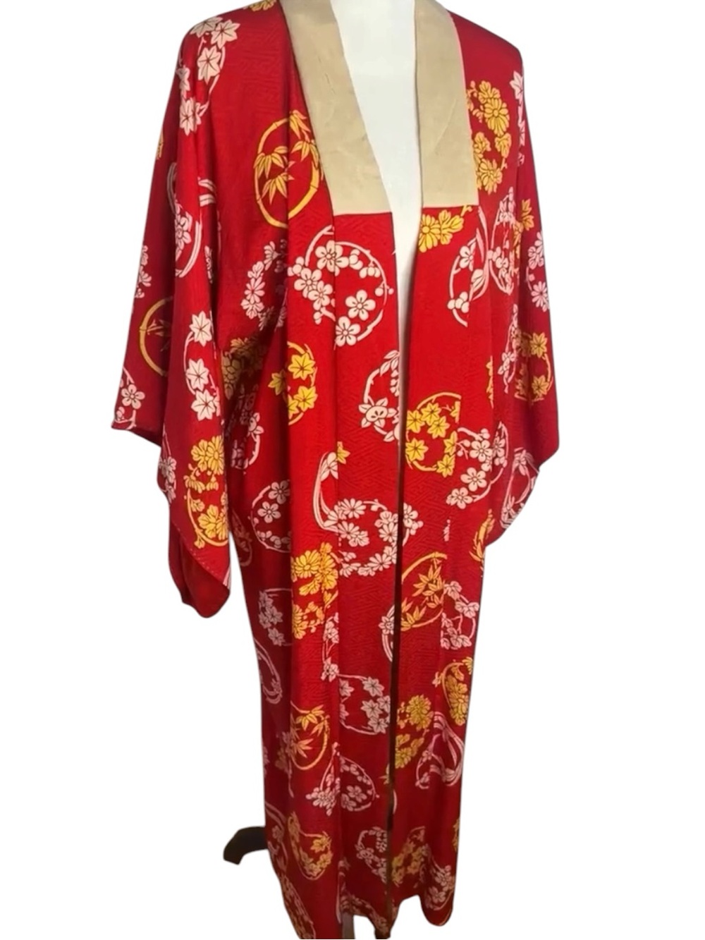 Vintage Japanese Haori Kimono Jacket Red Floral Mon Silk Robe